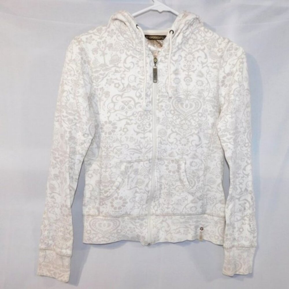 Womens XS Groggy Cream Tan romantic Pattern Full Zip Hoodie